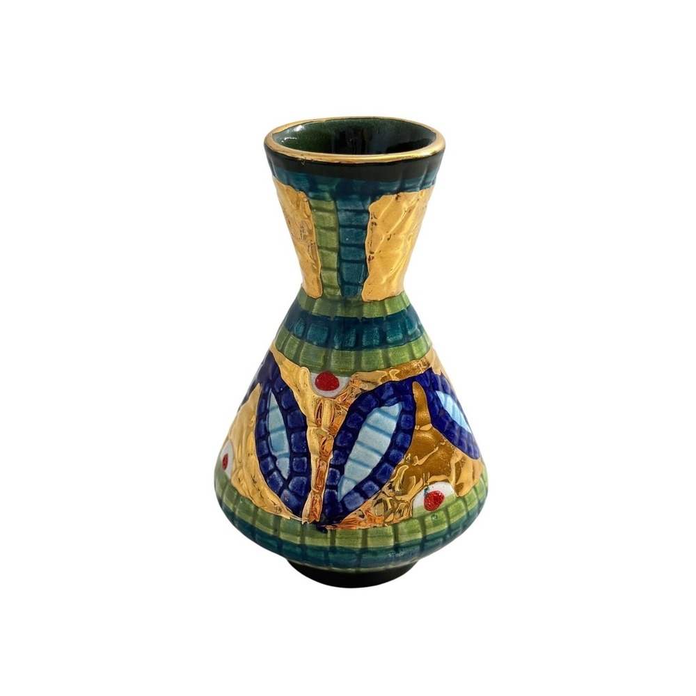 Lavorato A Mano Italian Pottery Bud‎ Vase Hand Painted 24K Gold Oro Zecchino 4"